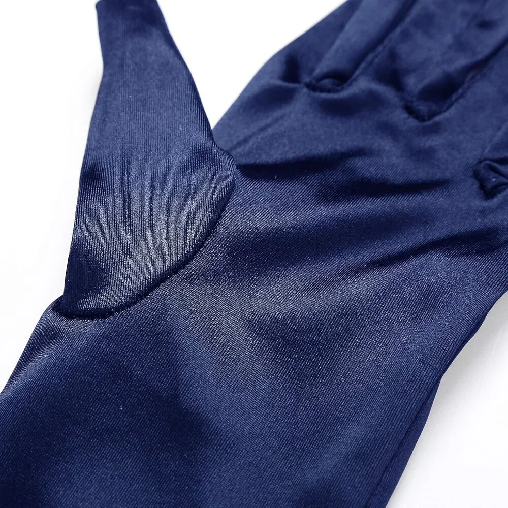 Women's Smooth Navy Blue Long Satin Gloves Elbow Length Party Costume Accessory